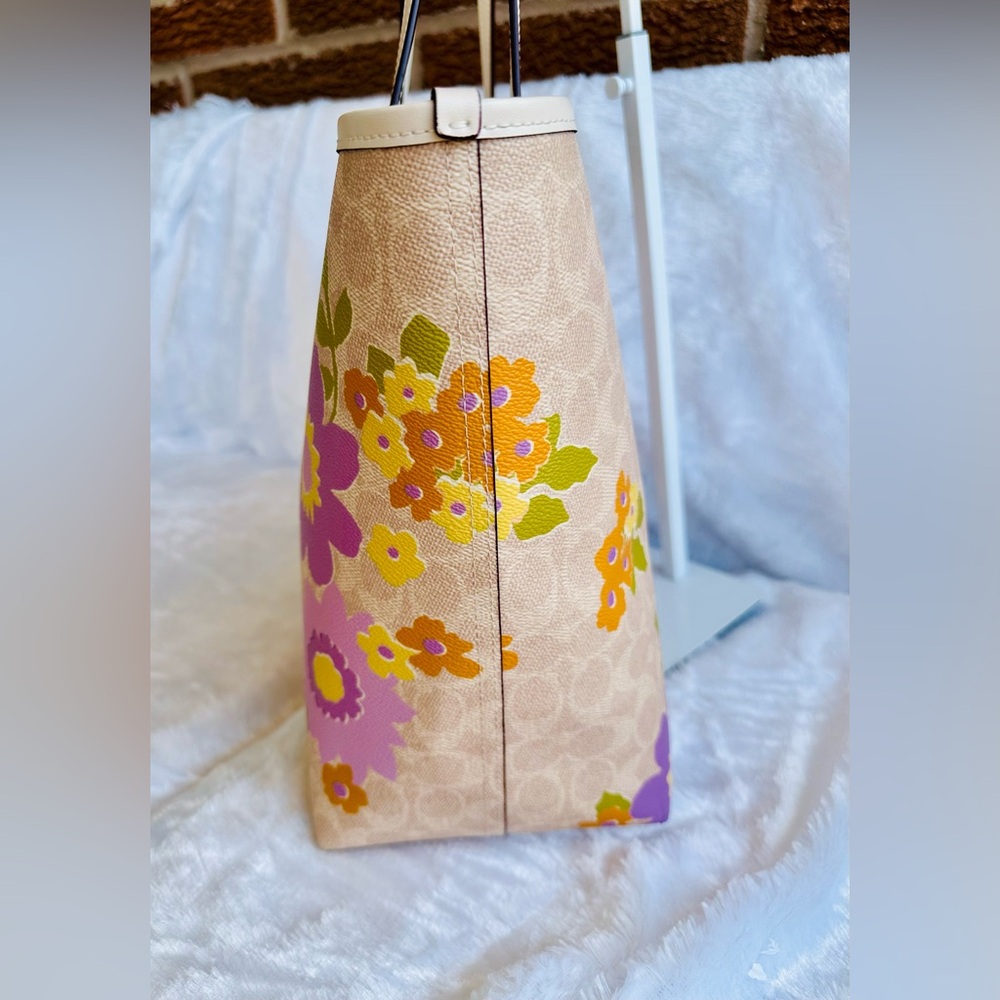 Coach Beige Floral Canvas Tote with Purple and Yellow Flowers - Picture 4 of 10